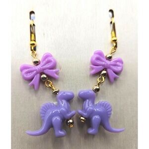 Purple Dinosaur Bow Dangle Earrings Handmade Cute Kawaii Mismatched Jewelry